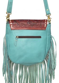 Klassy Cowgirl Teal Crossbody Bag with floral tooled flap and fringe #2